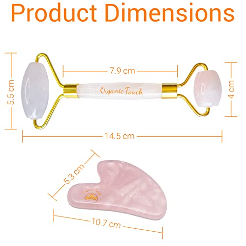Face Roller & Gua- Sha Natural Rose Quartz Cold Facial Set For Puffy eyes | By Organic Touch Beauty | Boost Blood Circulation | Minimizes Wrinkles Pores and Fine Lines | Lymphatic Drainage
