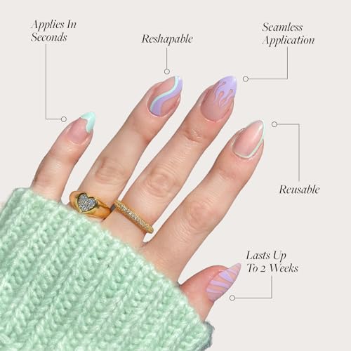 Glamnetic Press On Nails & Brush On Nail Glue Bundle - Wild Card | Semi-Transparent Short Almond Nails with Trendy Pastel Prints | 12 Sizes - 24 Nail Kit with Glue | Reusable, Salon-Quality Fake Nails