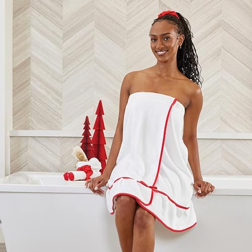 Bella Spa, Shower, or Bath Wrap with Adjustable Closure for Women to Get Ready, Plush Polyester White with Red Trim, One Size Fits Most