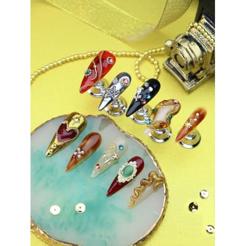 Press on Nails Retro Medium Almond 3D Fake Nails Reusable Luxury Handmade False Nails with Design GEM Charms Gold Snake,Press ons Muti-Layer Acrylic Handmade Nails for Wome Manicure(Size L)