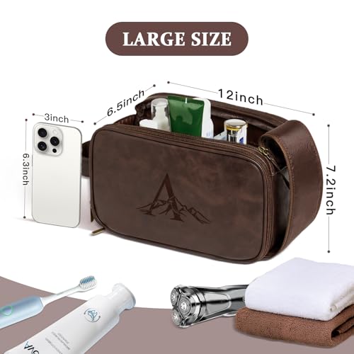 Janhavi Shaving Bag for Men Travel Waterproof, Engraved Initials & Mountain, Make Up Bag,Groomsmen Gifts, Mens Toiletry Travel Bag, Men's Accessories Organizer, Gifts for Him(Dark Brown M)