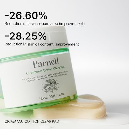 Parnell Cicamanu Cotton Clear Pad | Gentle Daily Exfoliating & Soothing Pads for Acne Prone Sensitive Skin | Cica LHA PHA Ceramide HA | Unbleached Biodegradable (90 Count)