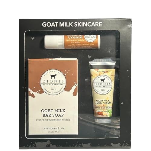 Dionis Goat Milk Skincare Gift Set, Nutty Vanilla, Bar Soap, Hand Cream and Lip Balm, 3 Piece Collection