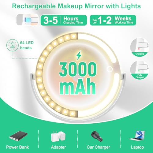 20X/1X Magnifying Makeup Mirror with Lights, Double-Sided Home Vanity Mirror with 3 Color Brightness Adjustable, 360¡Æ Rotation, Adjustable Height, Rechargeable, Phone Holder and Storage Tray