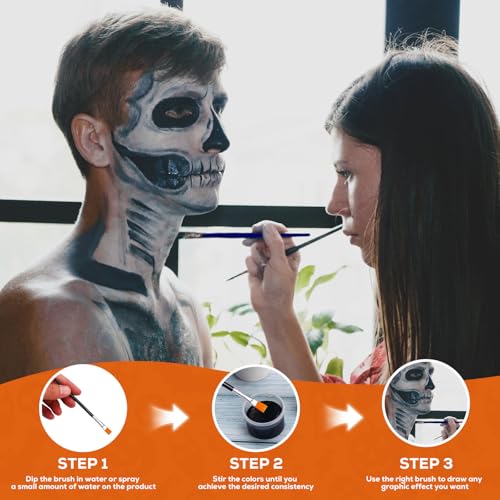 White Black Silver Face Body Paint with 3 Brushes, 60g(2.1 oz) Face Painting Set, Non-Toxic, Water Based Makeup for Halloween, Party, SFX, Cosplay, Theater