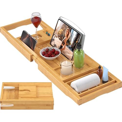 Foldable Bathtub Caddy Tray for Tub,Bamboo Expandable Bath Table Trays,Premium Bathroom Accessories for New Home & Mothers Day & Birthday Gifts for Couples,Natural