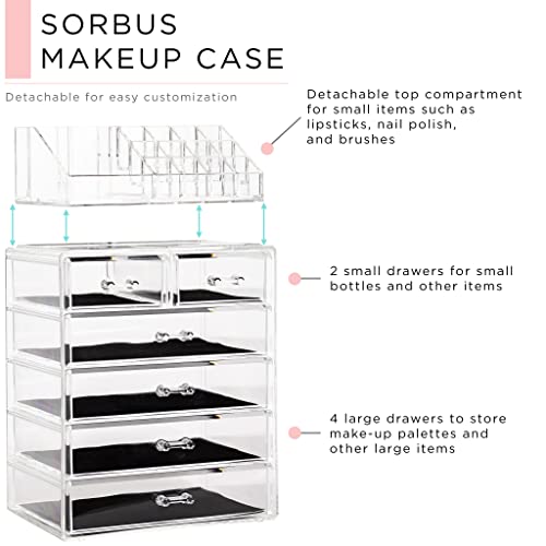 Sorbus Acrylic Makeup Organizer Set, 6-Drawer Vanity & Countertop Cosmetic Storage with Small & Wide Compartments, Clear Makeup Storage for Brushes, Jewelry ? Holiday Gift for Women & Teens