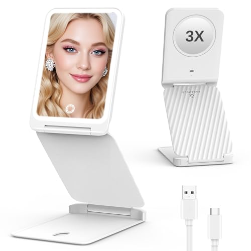 EASEHOLD Lighted Travel Makeup Mirror with 72 Light,1X/3X Magnification,Rechargeable Dimmable Touch Screen,Foldable Adjustable Height & Angle, Compact Magnifying LED Mirror for Women Teens