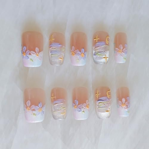 [GLORS] Purly Handmade Medium Ballerina Press on Nails | Oil Painting Style Flower in White and Nude French Tip Nails, 10 Pieces (Medium, MB)