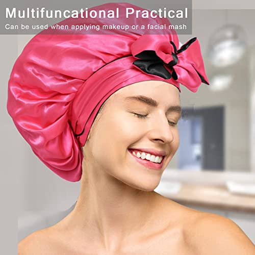 Satin Bonnet with Tie Band Adjustable Silk Bonnet Sleep Cap for Braids double layer with Tie for Sleeping (Hot Pink +Black)