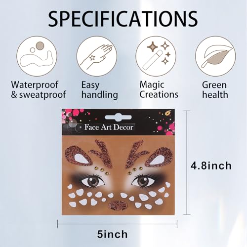 Cute Deer Face Stickers Christmas Deer Face Gem Stickers Glitter Antlers Temporary Sticker Animal Eye Sticker Red Diamonds Design Children Adult Face Eye Accessories for Christmas Makeup Party(A)