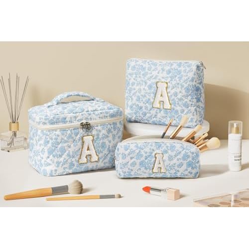 Birthday Gifts for Teen Girl Women, Personalized Initial Makeup Bag Quilted Cosmetic Bag Make Up Bags Travel Toiletry Bags Teen Girl Gifts Trendy Stuff Mothers Day Gift for Wife Mom Daughter Friends