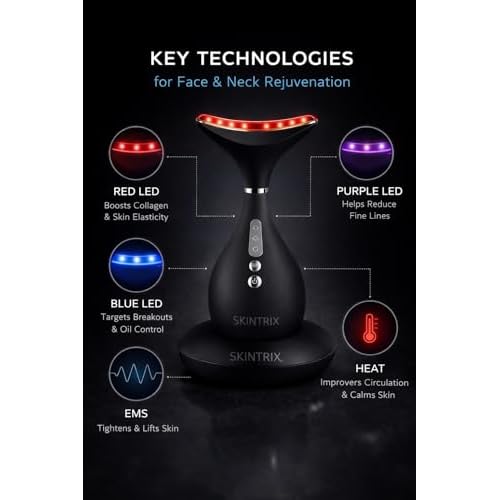 LED Face & Neck Device, 3-in-1 LED Light Therapy & Microcurrent Facial Device for Wrinkle Reduction, Skin Tightening & Lifting, Anti-Aging Non-Invasive Beauty Tool for Home Skincare (Black)