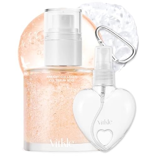 Apricot Collagen Gel Serum Mist Korean Face Moisturizer Spray - 8 Layer Hyaluronic Acid and Bakuchiol - Heart Shape Clear Keychain Refillable Travel Portable Bottle, 3.38oz