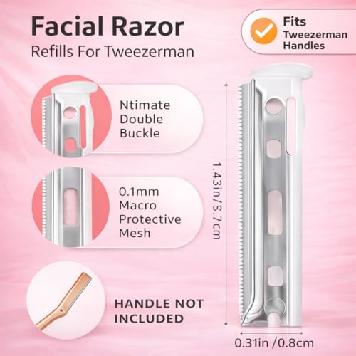 20 Pack Replacement Blades Compatible with Tweezerman Facial Razor,Stainless Steel Face Razor Refills for Women, Peach Fuzz Remover & Exfoliating Razor Blades for Smooth, Radiant Skin
