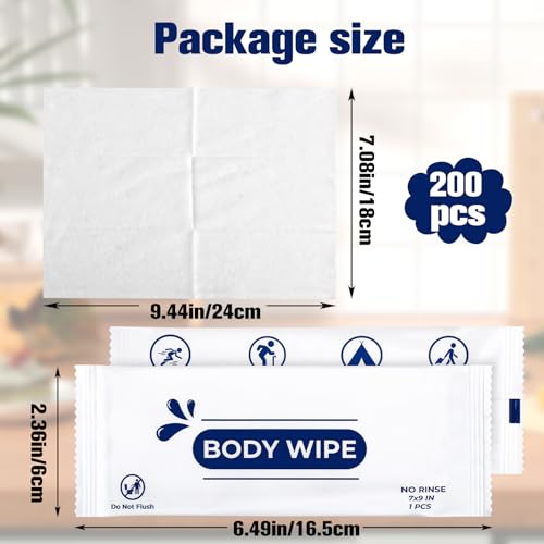 200 Pcs Large Body Wipes Individually Wrapped Bulk,Shower Wipe with Aloe,Body Wipes for Adults Bathing No Rinse, Hands, Face,Personal Cleansing Wipe for Travel Gym Camping