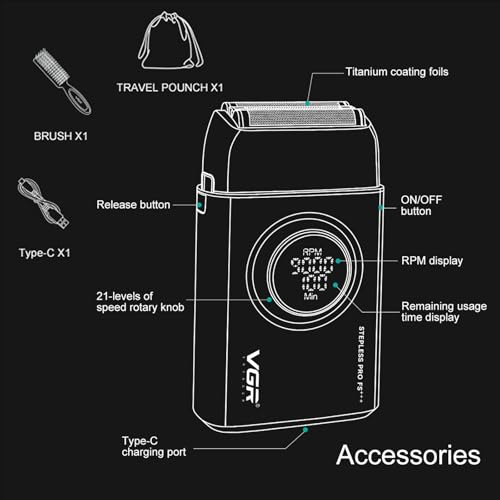 VGR 378 Electric Shavers for Men, Triple Floating Blade Foil Shaver Cordless Men's Electric Razor, 9000 RPM Motor Bald Shavers Titanium Foils with LED Display, Barber Supplies (Black)
