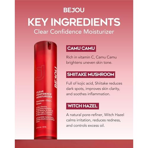 BEJOU Clear Confidence Moisturizer,Daily Oil Control Cream with Chontaduro, Camu Camu, Shiitake Mushroom, For Acne-Prone & Sensitive Skin,Dark Spots,Latin American Natural Retinol Alternative,1.7FL OZ