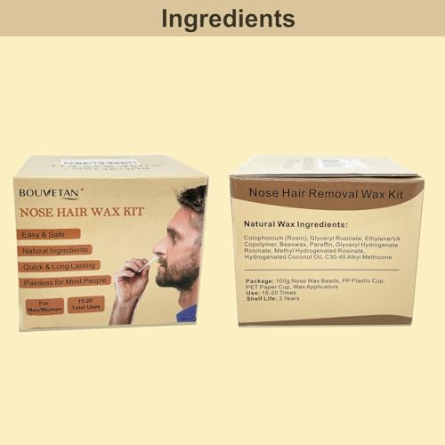 Nose Wax Kit Men Women, Bouvetan Nose Hair Waxing Kit with 100g Nose Hair Wax Beads (15-20 USES), 20 Applicator, 15 Mustache Protector, 10 Paper Cups, 1 Measuring Cup - Easy and Quick, Instant