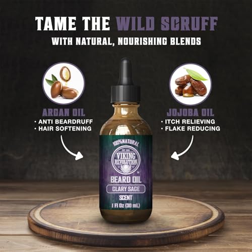 Viking Revolution Clary Sage Beard Balm for Men and Clary Sage Beard Oil Bundle - With Argan and Jojoba Oils - Soften and Moisturize your Beard