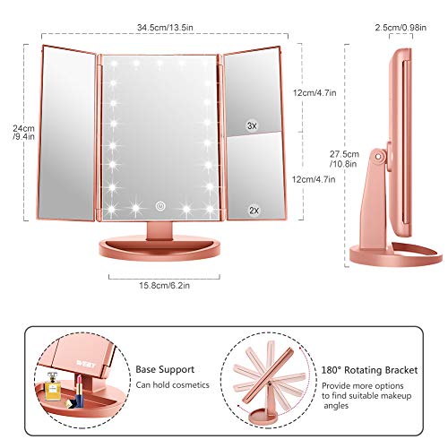 WEILY Makeup Mirror with 21 LED Lights,Two Power Supply, Touch Screen and 1x/2x/3x Magnification Tri-Fold Vanity Mirror for Makeup Desk(Rose Gold)