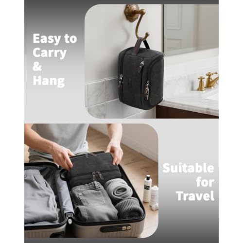 ZOMFELT Toiletry Bag for Men, Dual Layers Canvas Travel Toiletries Bag, Water-Resistant Travel Organizer with Elastic, Large Capacity Dopp Kit, Hanging Shaving Hygiene Bag, Black, L