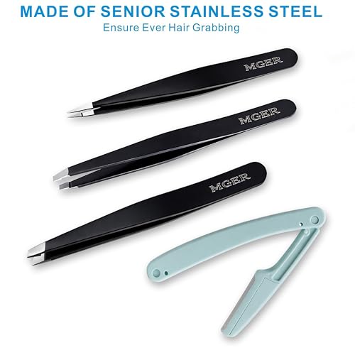 MGER Tweezers Set - Professional Stainless Steel Tweezers for Eyebrows - Great Precision for Facial Hair, Splinter and Ingrown Hair Removal