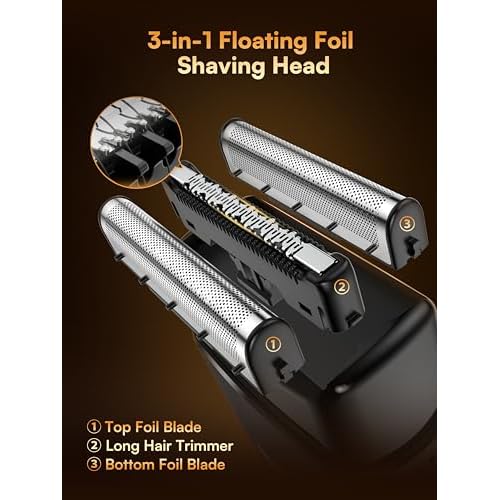 Electric Foil Shavers for Men: Mini Electric Razor with 3 Floating Blades, IPX7 Waterproof & USB-C Fast Charge Cordless Foil Shaver for Men with Travel Lock, Grooming Gift for Home & Travel