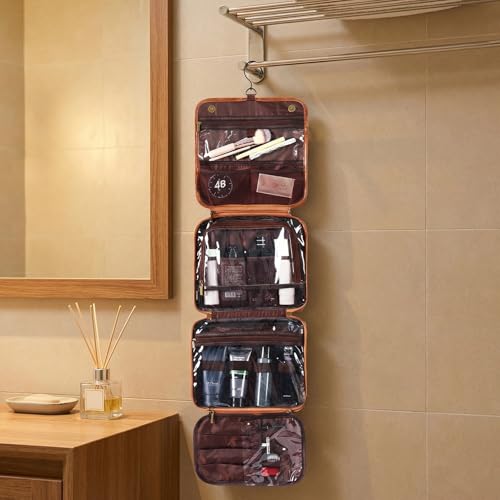 OXYEFEI Personalized Hanging Travel Toiletry Bag Gift for Men,Engraved Initial PU Leather Mens Large Toiletry Travel Essential Organizer Dopp Kit Shaving Bag for Him Birthday (A, Light Brown)