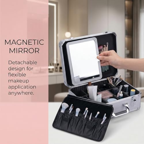 CHENGLIN Makeup Case with Lighted Mirror ? Waterproof Travel Train Case, Cosmetic Organizer with Adjustable Dividers, Magnetic LED Mirror, Portable Makeup Suitcase for Women (Silver)
