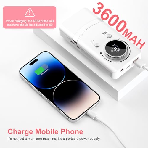 Electric 45000RPM Nail Drill Machine Rechargeable Portable Nail File Electric DIY Nail Drill Kit with Smart LCD Screen for Gel Nail Manicure and Pedicure Reflective Body etc (White)
