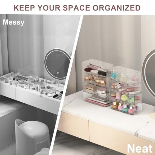 8-Pack Clear Stackable Storage Drawers with 16 Non-Slip Silicone Feet, Multi-Purpose Cosmetic & Home Organizers for Vanity, Office, Bathroom, Pantry, Easy-Pull Transparent Acrylic Storage Bins