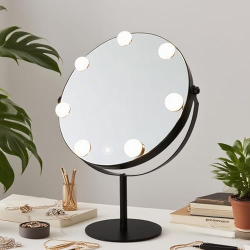 Hollywood Vanity Mirror with Lights, 11.8"x17" Lighted Makeup Mirror for Desk with 7 Led Bulbs, 3 Lighting Modes, Dimmable Light,360¡Æ Rotation for College Dorm, Bedroom & Dressing Room (BLACK)