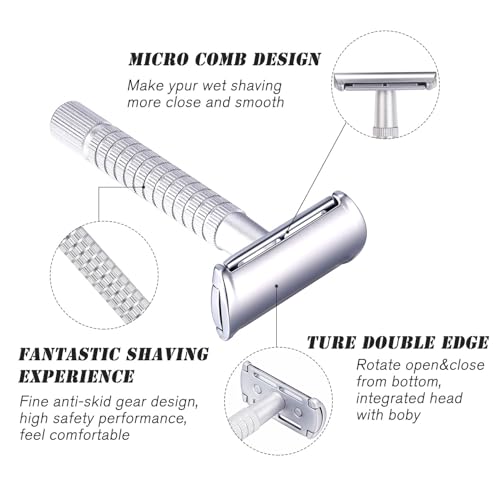 Men's and Women's Manual Razor Safety Razor with 10 Double Edge Blades, Double Edge Razor, Reusable Razor Kit, Eco-Friendly, Smooth Close Shave, Plastic-Free (Pink)