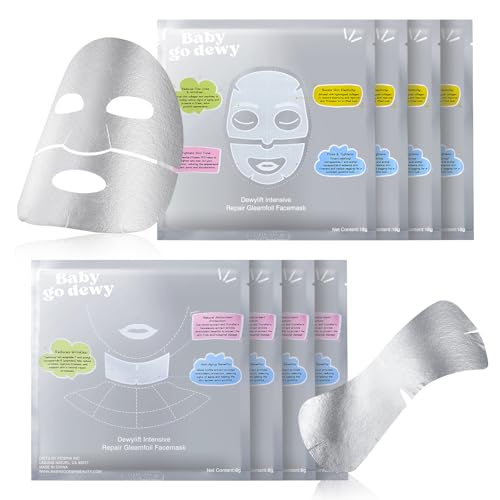 Baby Go Dewy Bio-Collagen?Peptide Face Mask Sheets ? Gleam Foil Intensive Overnight Hydrate Face?&?Neck Masks for Moisturizing, Firming & Lifting Care ? 8 Count(4 Face Masks + 4 Neck Masks)