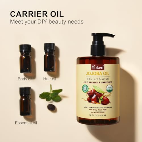 Pure Jojoba Oil Organic USDA Certified 16 fl oz, 100% Natural Jojoba Oil for Hair, Skin & Face, Cold Pressed Unrefined, Deeply Body Moisturizer Jojoba Carrier Oils for Essential oil Mixing