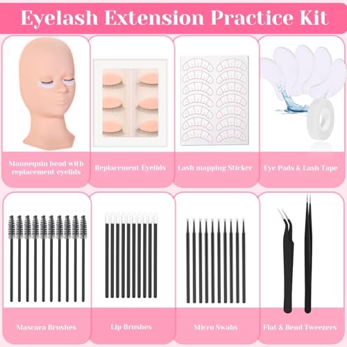 Lash Extension Practice Kit, Eyelash Extension Training Kit for Beginners, Professional Eyelash Mannequin Head Set with Lash Fan, Lash Shampoo, Glue Rings and Lash Mirror (Lashes Kit-with eye)