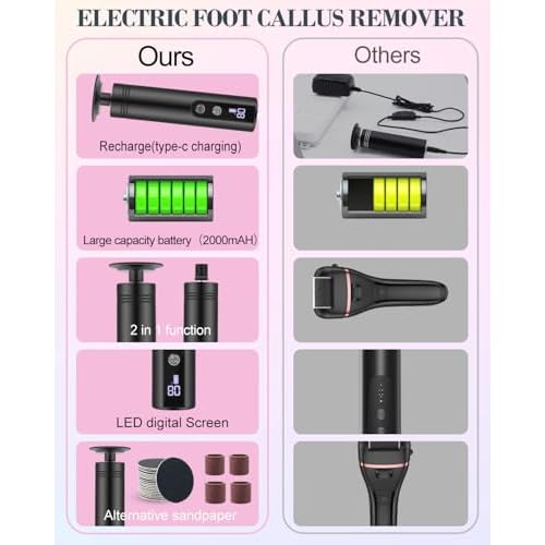 2 in 1 Electric Foot Callus Remover, 9 Speed Adjustable Foot Sander with LED Display, Electric Foot Grinder with 2000 mAh Rechargeable Battery, for Callus Removal, Replaceable Sandpaper Discs (Black)
