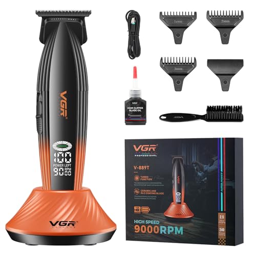 VGR 889T Professional Hair Trimmer for Men, 9000RPM High Speed Cordless Hair Clippers Beard Trimmer with Ceramic & DLC T Blade, Zero Gapped Barber Clippers with USB Charging Base, LED Display