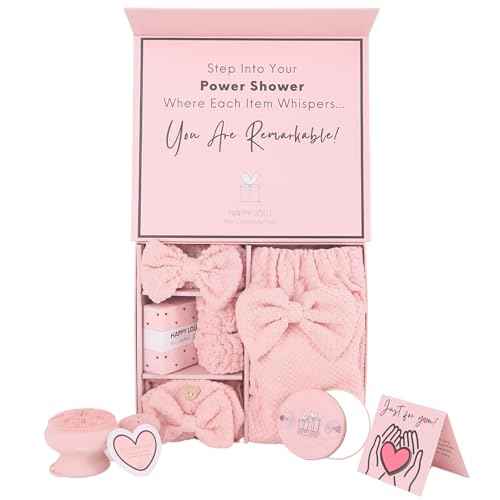 Happy Lolli Power Shower Gift Set ? College Essential Bath Accessories for Women and Teen Girls ? Includes Body Towel, Hair Towel, Wrist Bands, Headband, Face Sponge and More (Fresh in Pink)