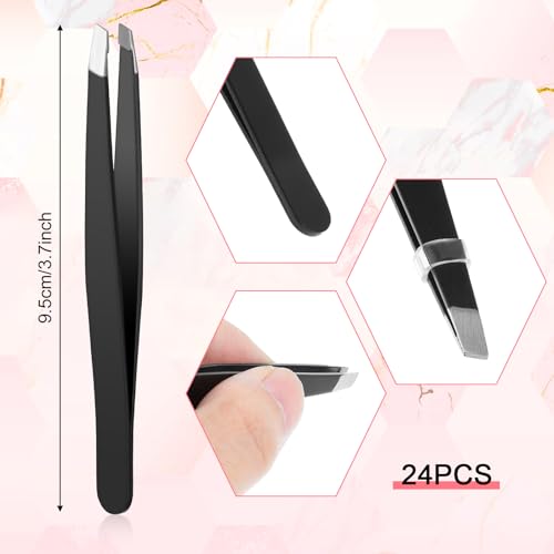 24 Pieces Eyebrow Tweezers for Women, Stainless Steel Slanted Tip Tweezers Precision Tweezers Set for Facial Hair Ingrown Hair Splinter Removal and Lash Extension (Black)