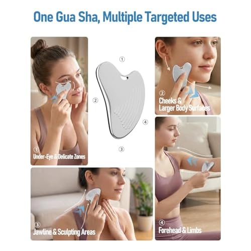 Yeamon Gua Sha Facial Tools & Massager Set, Stainless Steel Skin Care Tools for Face and Body, 3-in-1 Head Massage Combs & Roller fo Face Neck Body and Eye, Self Care Gift for Woman & Man
