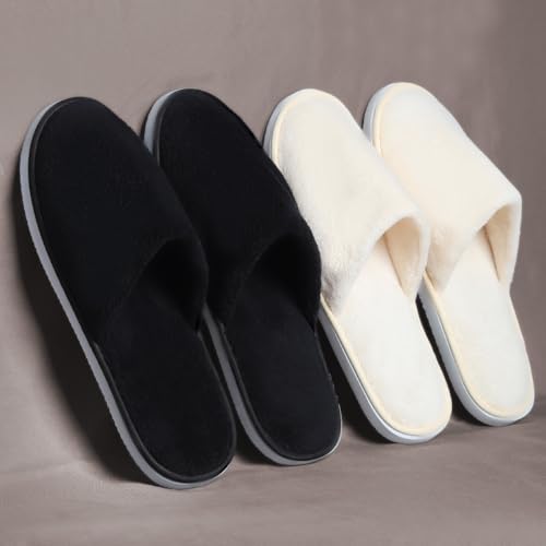 Yeios 12 Pairs Disposable Slippers for Guests Hotel Spa Slippers,0.78inch Sole 180GSM Coral Fleece Non-slip Washable House Slipper Bulk for Adult for Men and Women Beige and Black