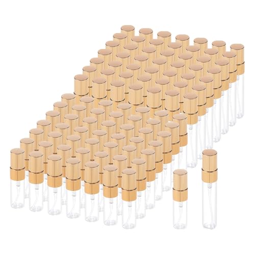 100 Pcs Mini Spray Bottles, 5 ml & 3 ml Glass Fine Mist Spray Bottles, Refillable Travel Perfume Bottle with Gold Cap, Clear Empty Portable Sample Containers for Essential Oils