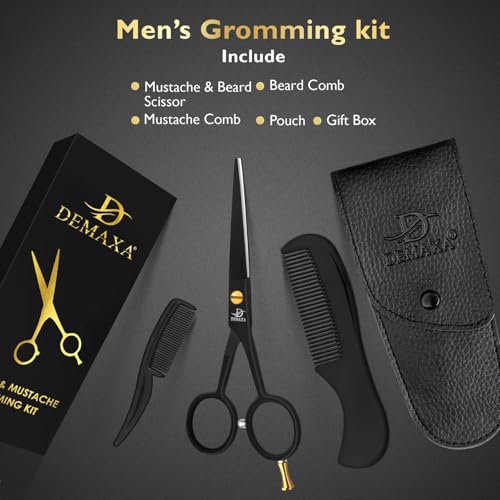 5" Professional Beard Scissors for men Mustache Scissors with 1 Mustache Comb, 1 Beard Comb & Soft Pouch ? Prefect Beard shears mustache kit for All Facial Hair ? moustache Grooming kit for Men