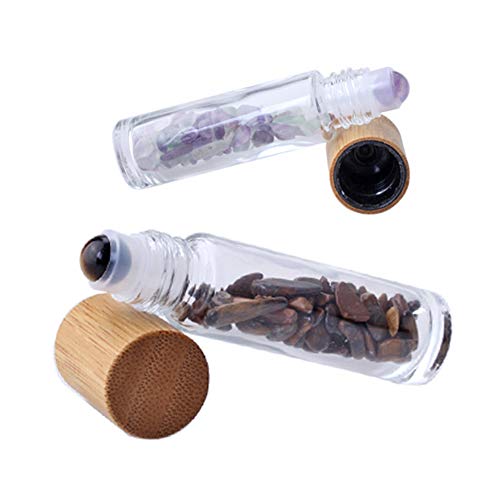 Lasenersm 10 Pieces 10ml Clear Glass Roll-on Bottles with Gemstone Roller Ball and Healing Crystal Chips Inside, Bamboo Lids - Personal Care, Aromatherapy, DIY Beauty or Wellness