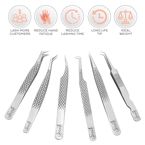 SIVOTE Eyelash Extension Tweezers Fiber Tips Japanese Steel, Set of 6 ? Curved, Dolphin, 90¡Æ 45¡Æ Volume Boot & Slight Curved Tweezer ? Professional Lash Tweezers for Lash Extensions Silver