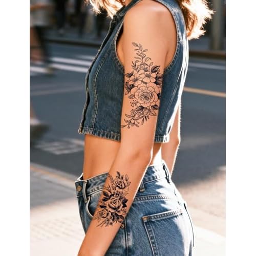 Semi Permanent Tattoos, 2 Sheets Realistic Large Thigh Temporary Tattoo for Women Adult, Fake Tattoos for Arms Calves Waist, Waterproof, No Reflective, Lasts 1 Weeks(Sexy Floral Rose Tattoo)