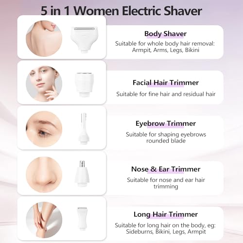 Electric Razors Shavers for Women, Bikini Trimmer 5 in 1 Lady Electric Shaver Razor Wet/Dry Face Razors for Face Nose Eyebrow Arms Armpit Legs Pubic Hair Area Painless Facial Hair Removal for Women