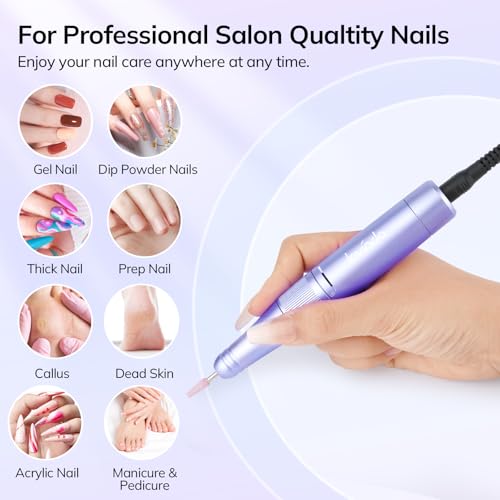Lavinda Professional Nail Drill 35000 RPM, Cordless Electric Nail File Efile for Acrylic and Gel Nails, Manicure Pedicure Polishing Tool for Salon and Home Use (Purple)